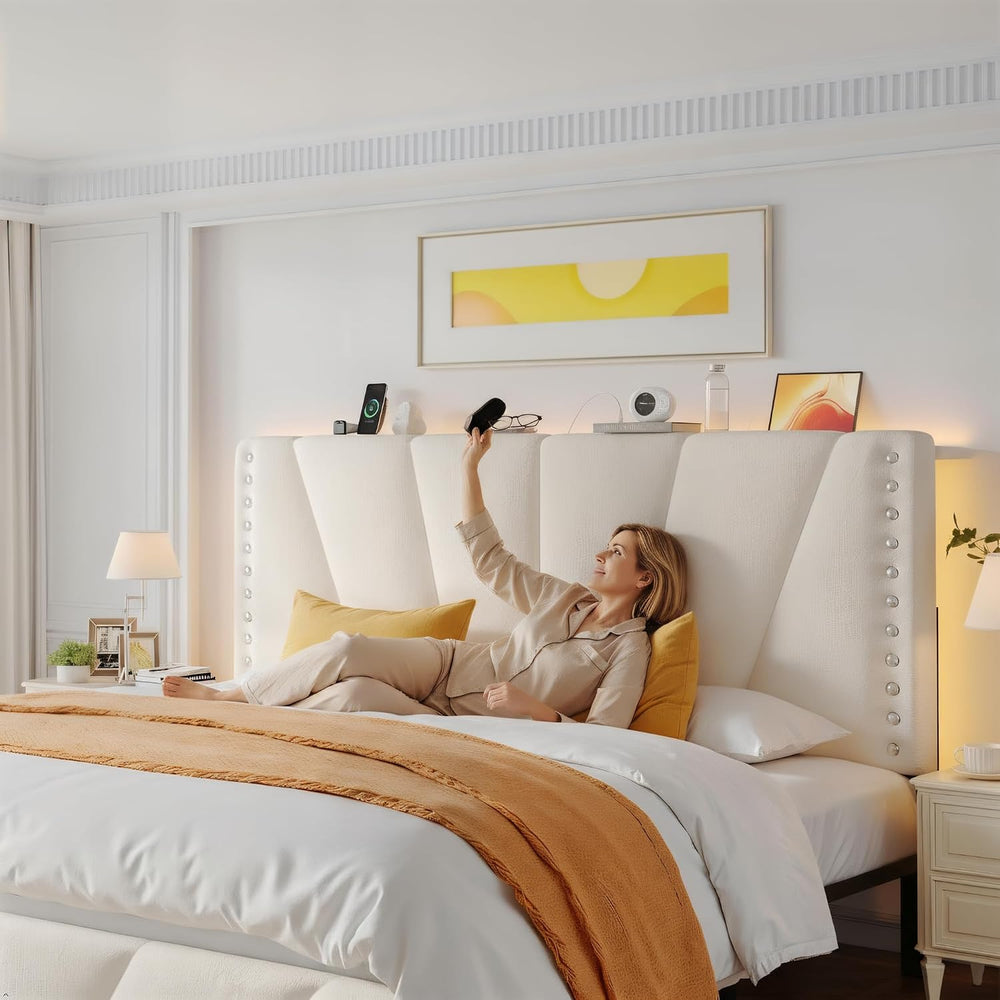 EnHomee Queen Bed Frame with LED Lights & USB, Noise-Free, Beige