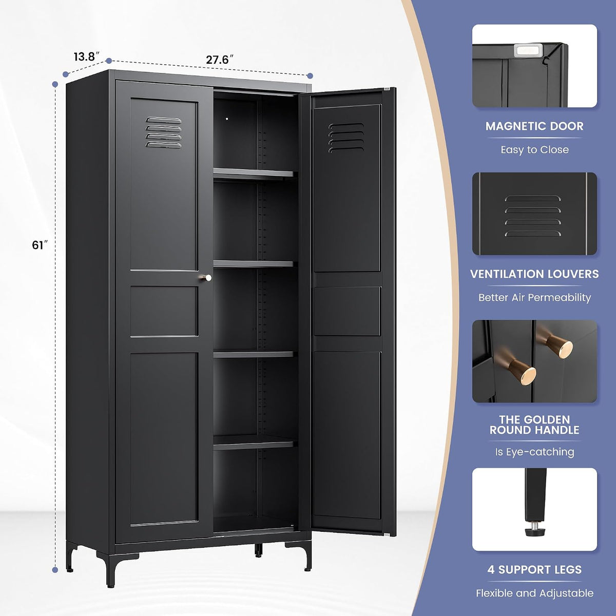 Black Kitchen Pantry Storage Cabinet,Pantry Cabinets with Doors and Adjustable Shelves,Metal Cabinet with Feets for Kitchen,Pantry,Dinning Room,Bathroom,Living Room,Cupboard(Black)