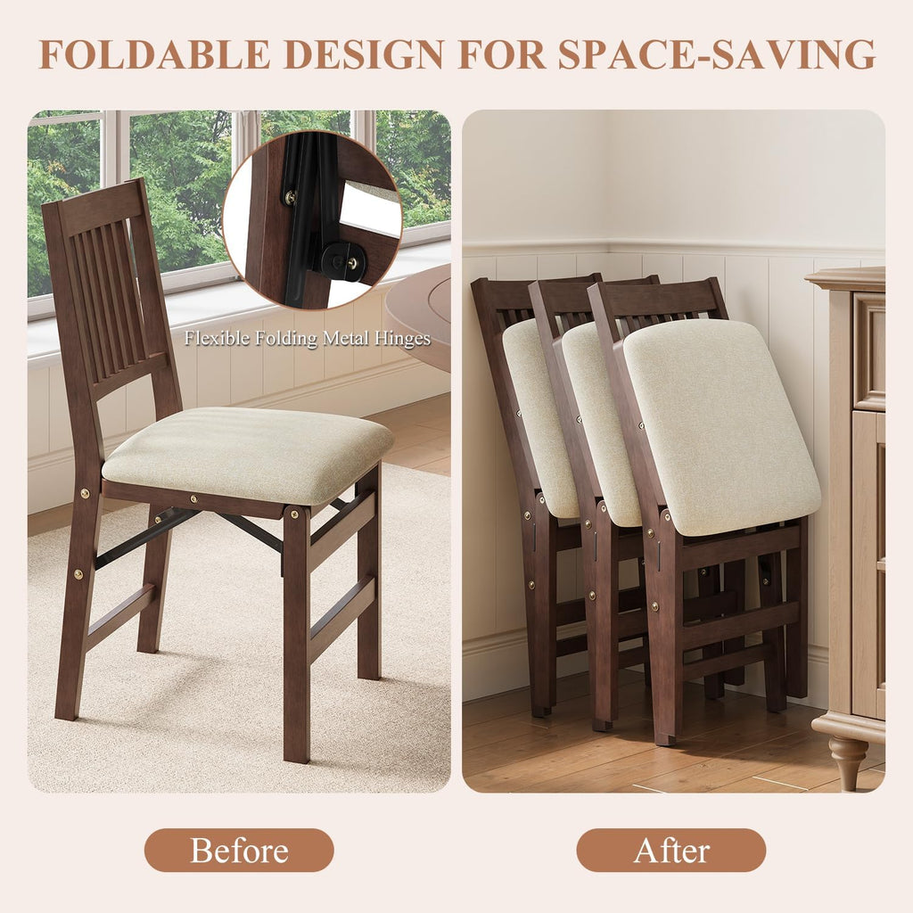 Folding Wood Dining Chairs Set of 2 – No Assembly, Beige Fabric Cushion