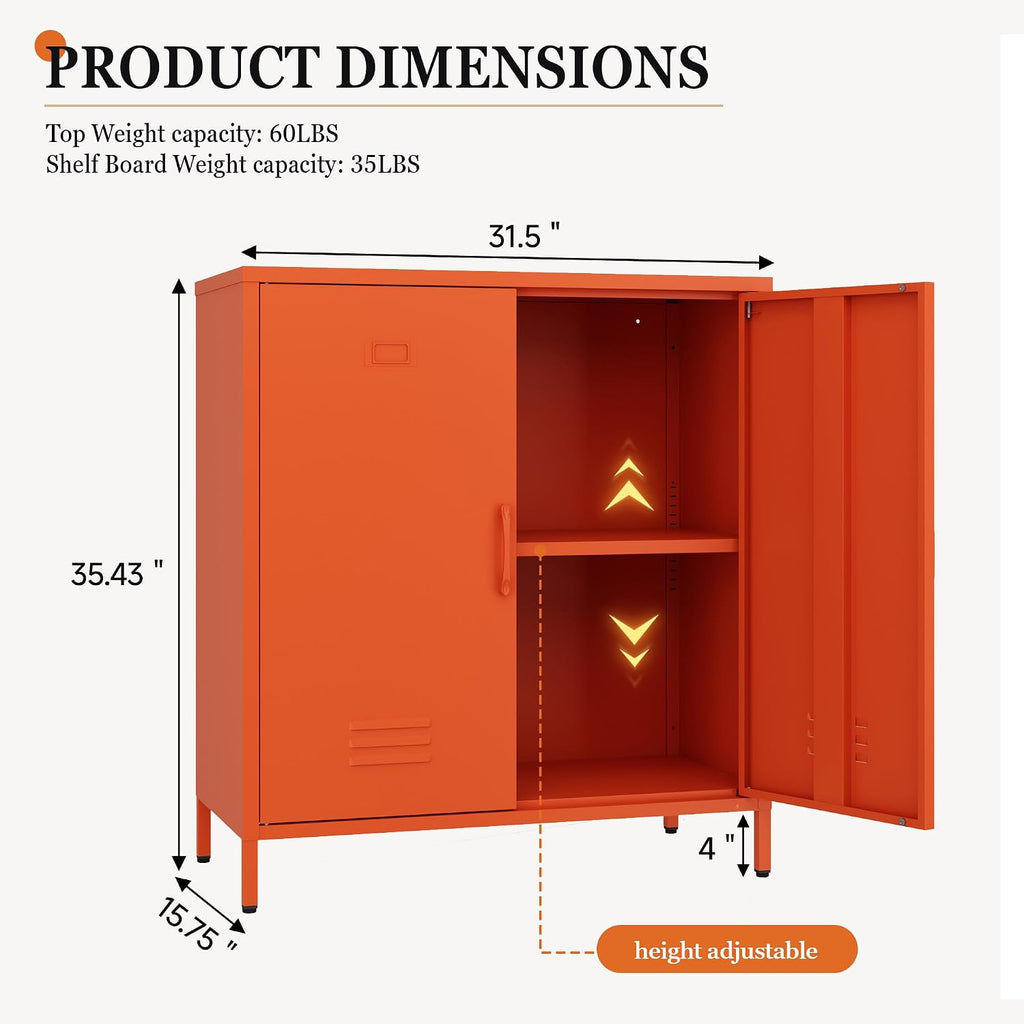 Metal Storage Cabinet with Adjustable Shelves & Magnetic Doorstops, 2-Door Metal Side Cabinet, Storage Cabinets for Living Room Kitchen Office,Orange