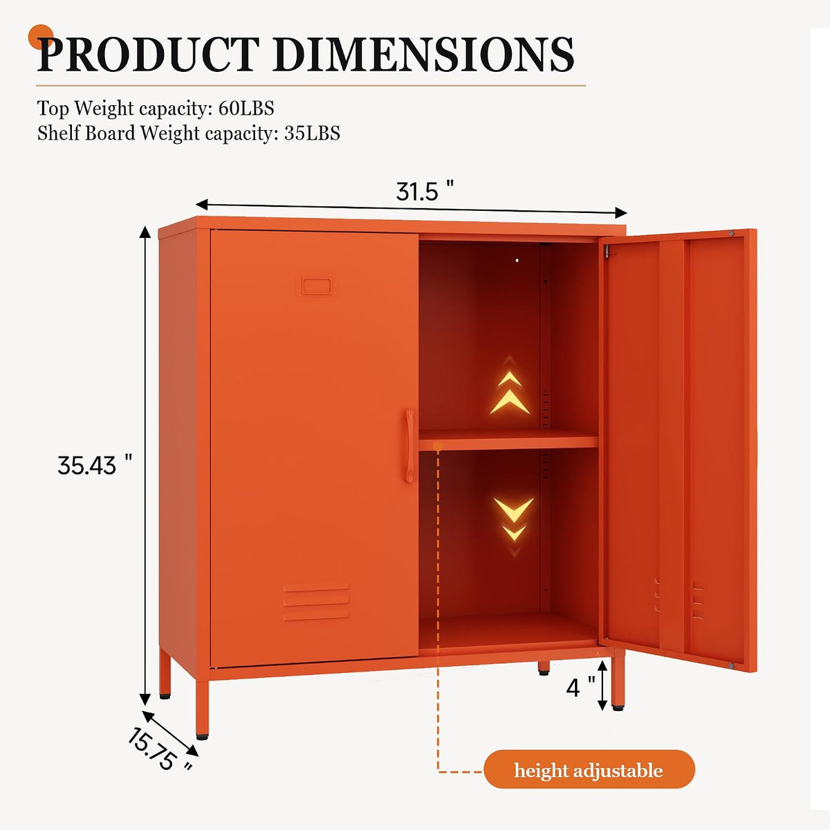 Metal Storage Cabinet with Adjustable Shelves & Magnetic Doorstops, 2-Door Metal Side Cabinet, Storage Cabinets for Living Room Kitchen Office,Orange