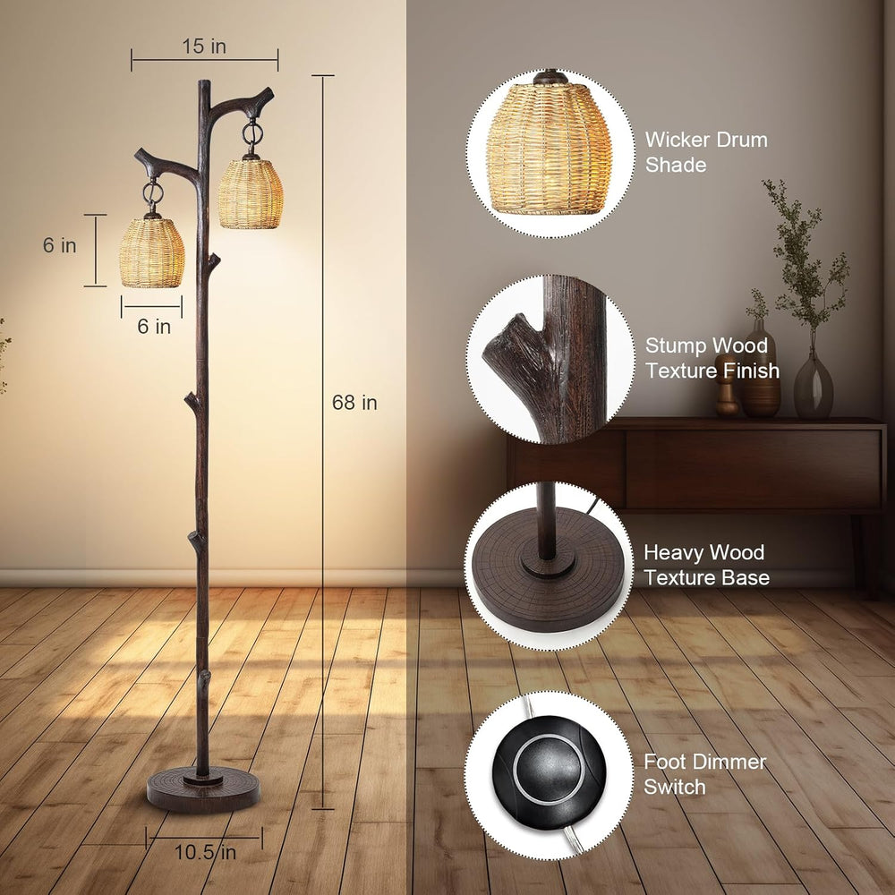 Scenekoy 68" Tall Floor Lamp with Wicker Drum Shade, Foot Switch Dimming