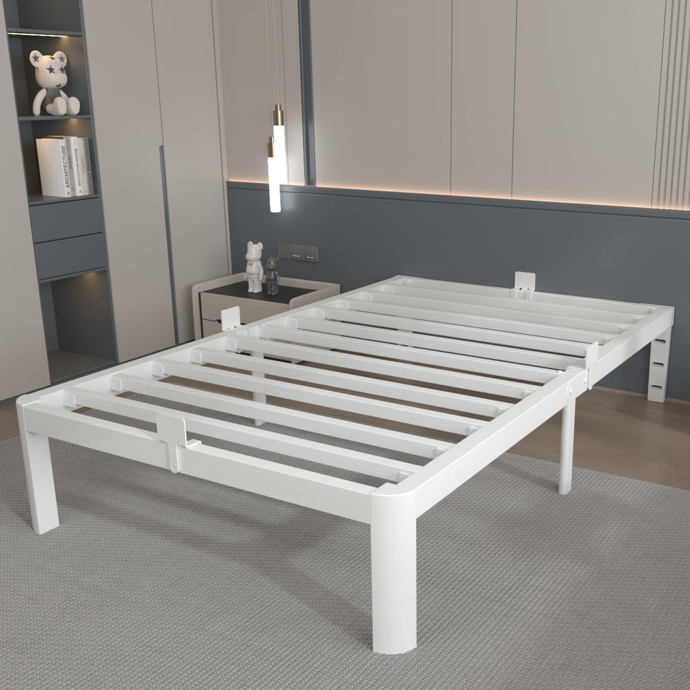 12 Inch Twin Bed Frame with Metal Gasket, White Single Bed Base