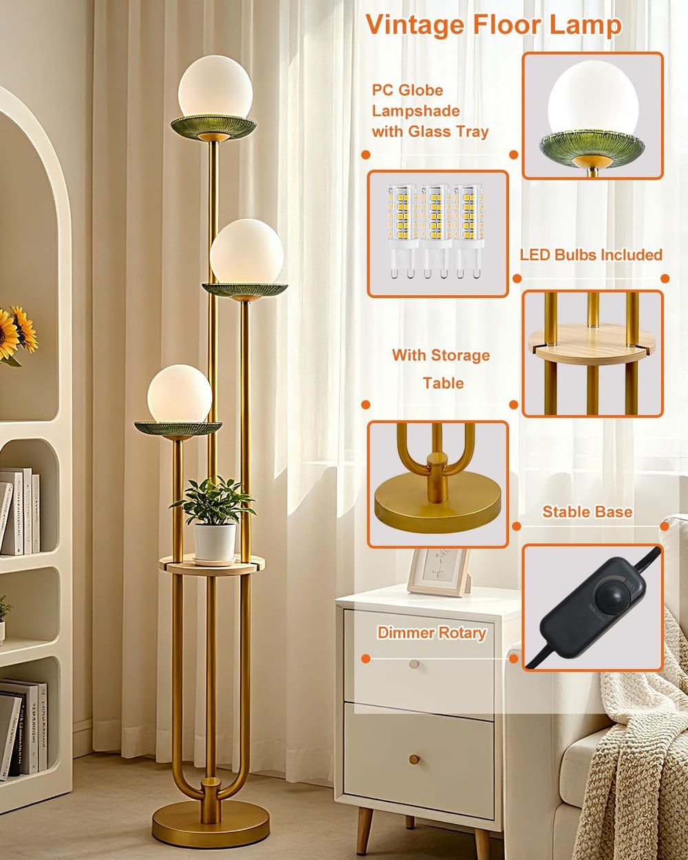 3-Globe Gold Floor Lamp Dimmable with Green Glass Tray Tall Lamp