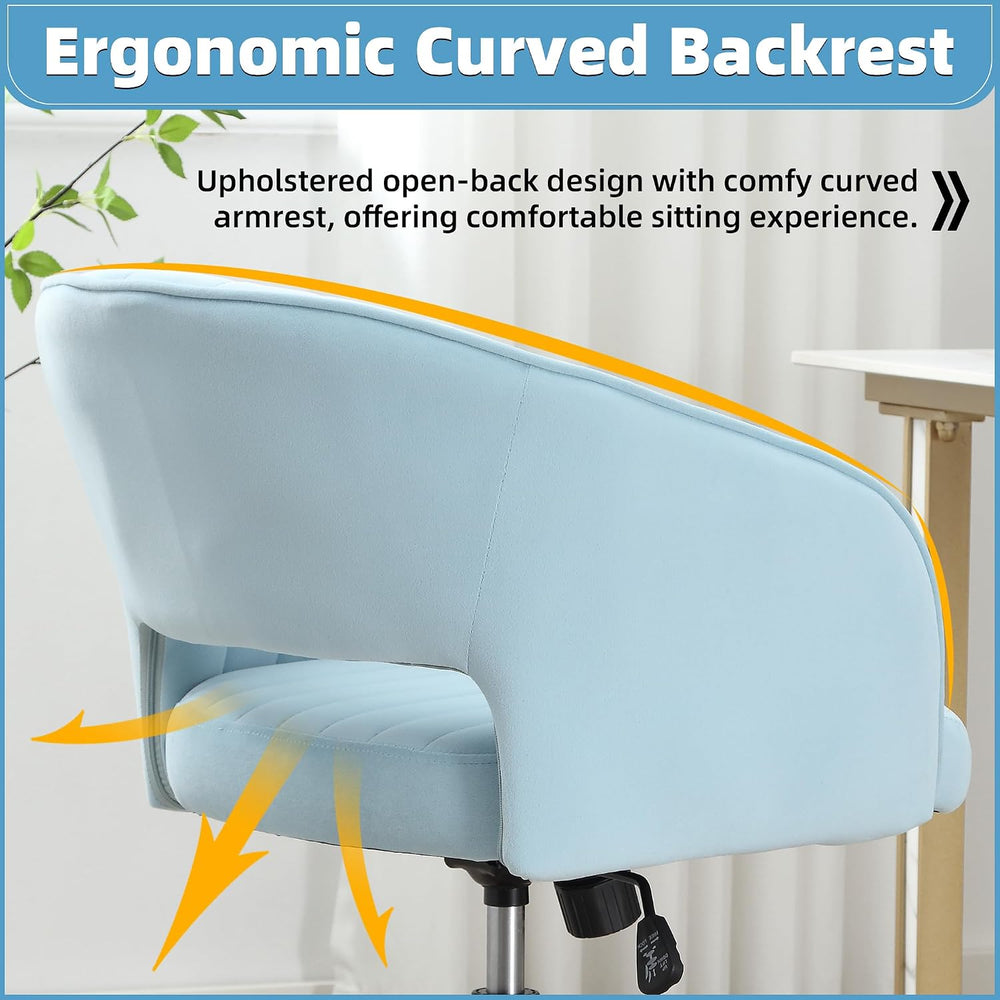 ABET Desk Chair with Wheels, Gold Base, Velvet Accent Vanity Armchair, Blue