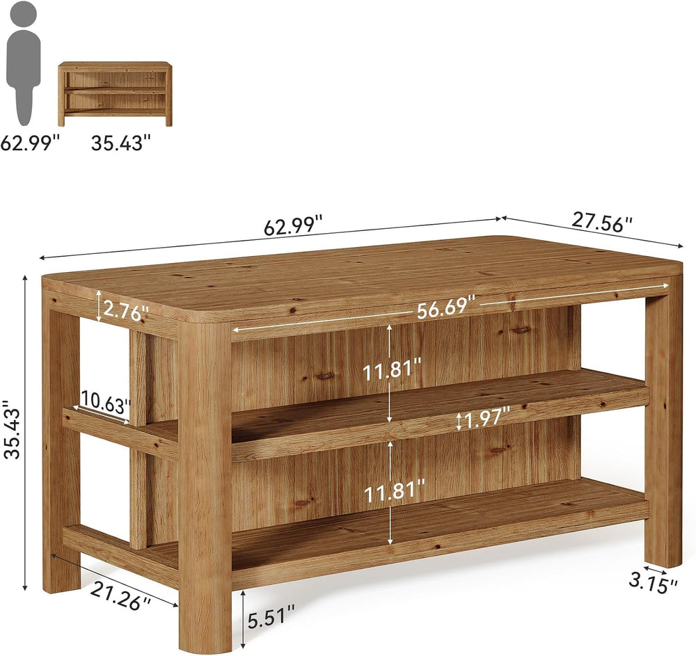63" Solid Wood Kitchen Island, Kitchen Table with Storage Shelves