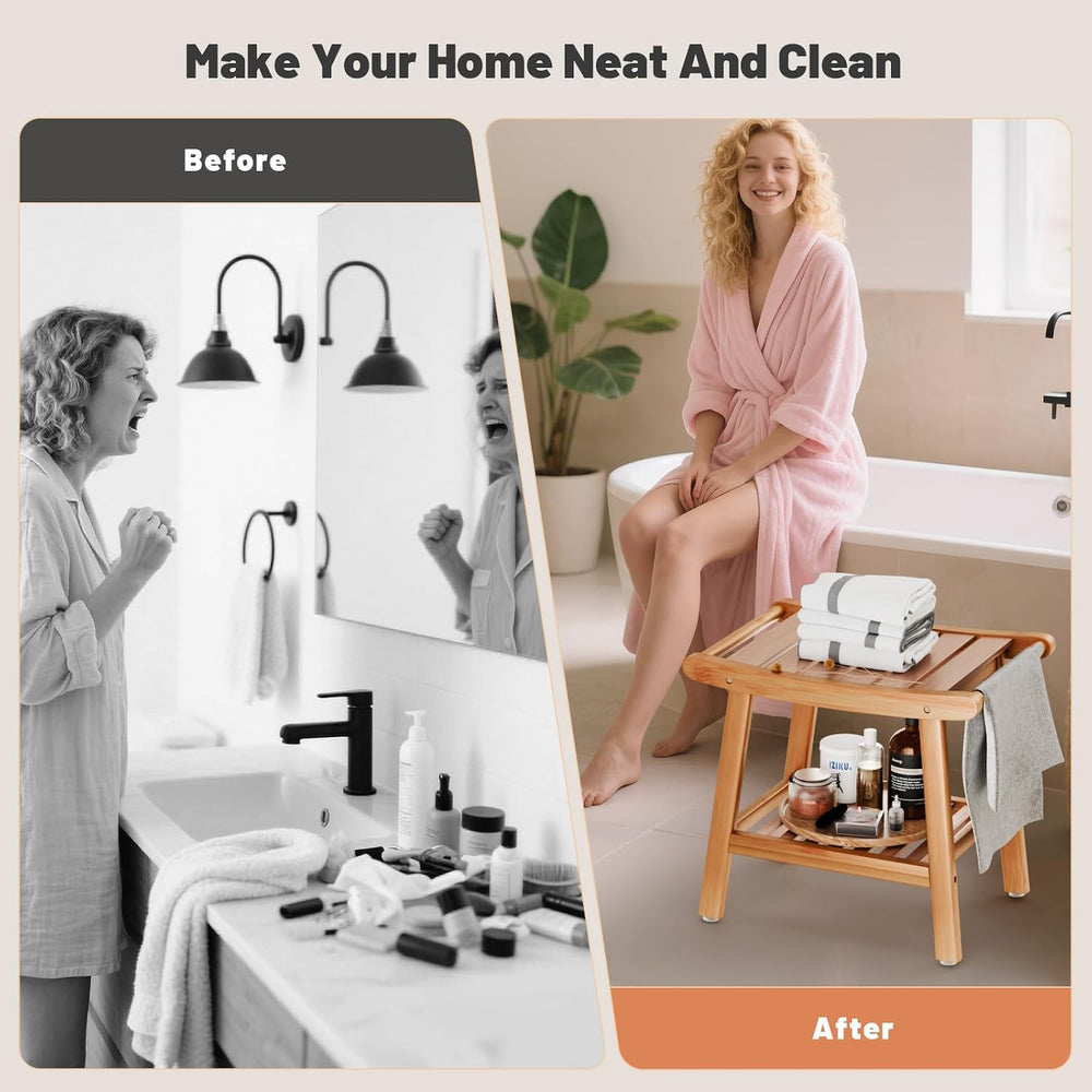 Bamboo Shower Stool Bench,Shower Chair for Inside Shower with Storage Shelf