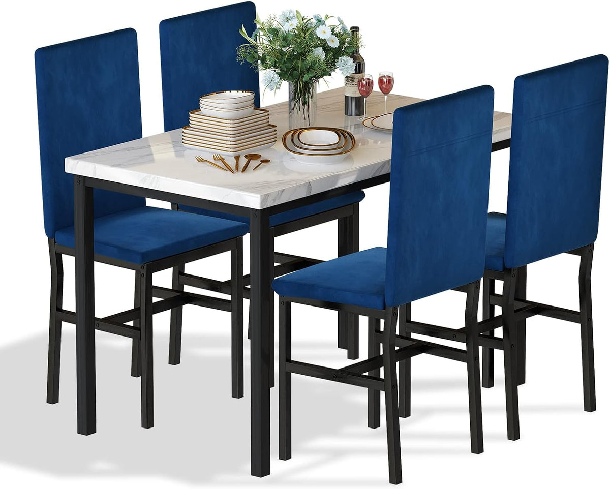 Hooseng Dining Table Set for 4- Space Saving Kitchen Table and Chairs for 4, Modern Style Faux Marble Tabletop & 4 Blue Velvet Chairs for Dining Room, Kitchen, Breakfast Corner Small Spaces, Blue