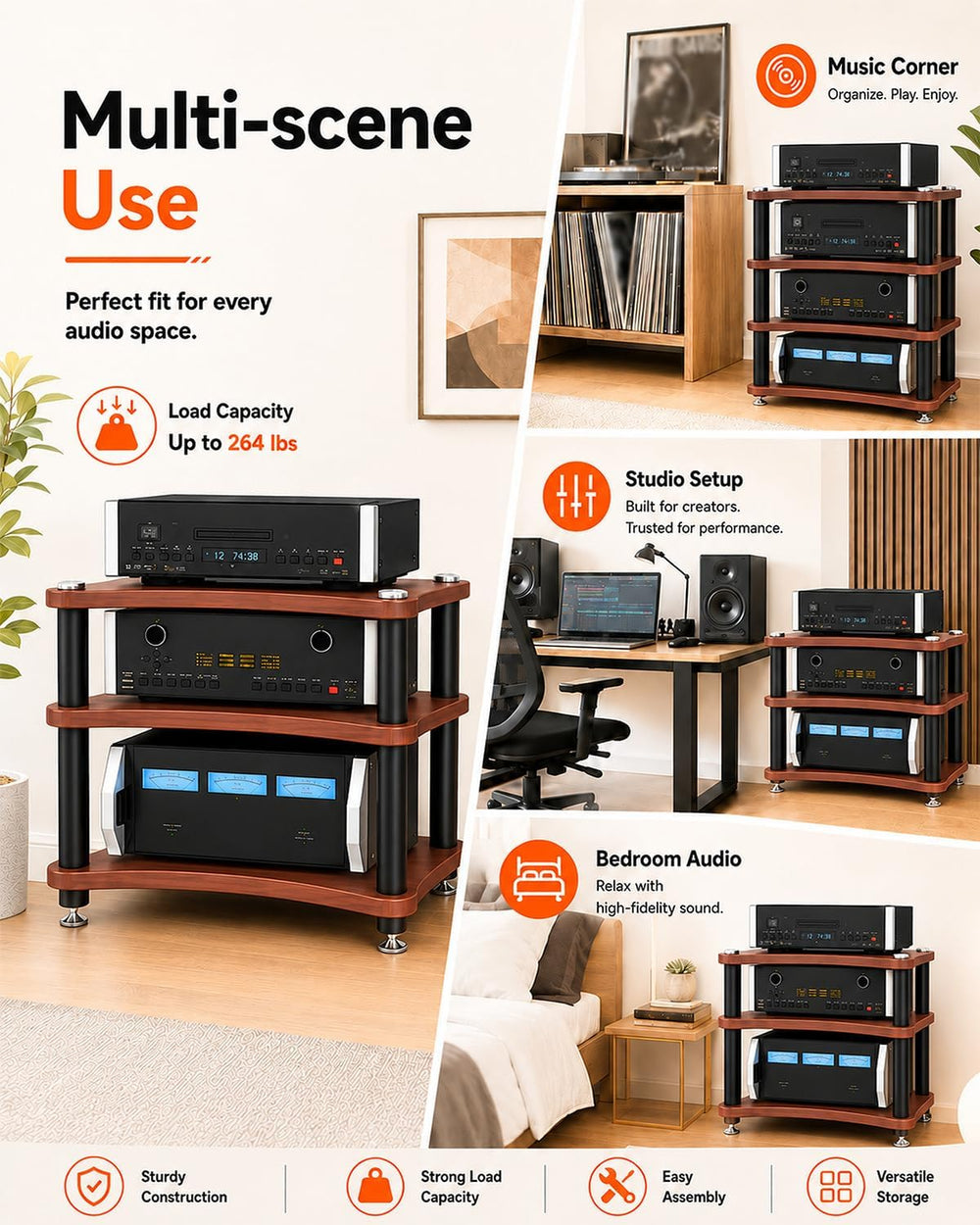 Heavy Duty 3-Tier AV Media Stand, 264 lb Load Capacity, Teak