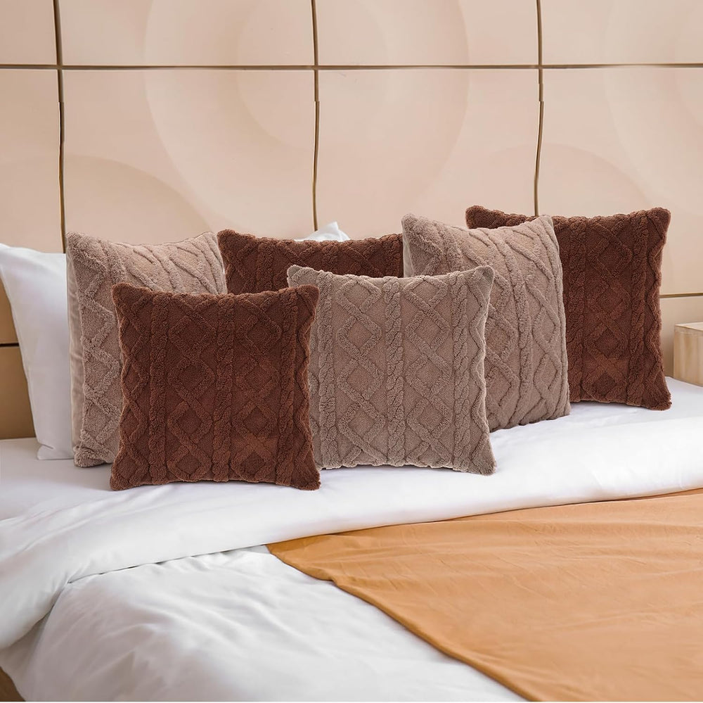 6 Pcs Faux Fur Decorative Pillow Covers 18x18 in, Brown, Gray