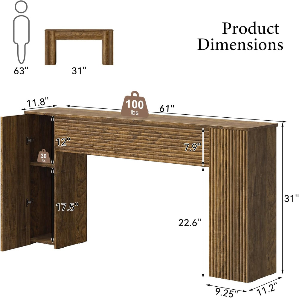 FABATO 61” Fluted Long Console Table with 2 Hidden Storage Cabinets, Brown