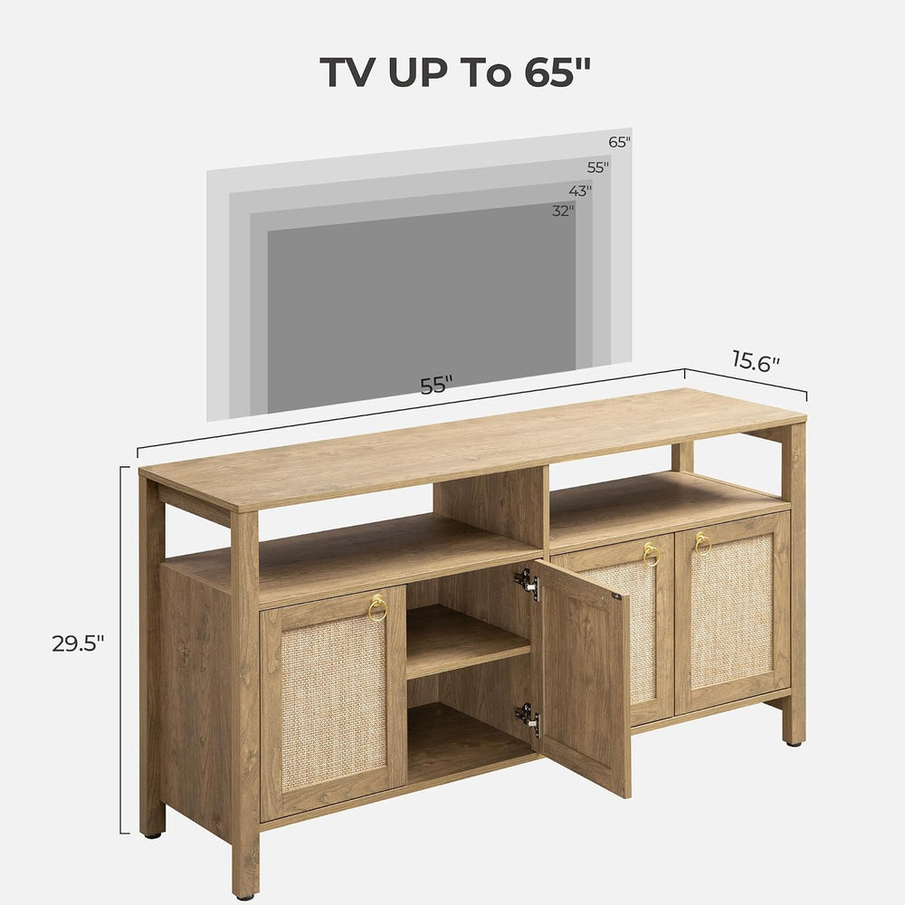 SICOTAS Rattan TV Stand Entertainment Center Storage Cabinet with 4 Doors