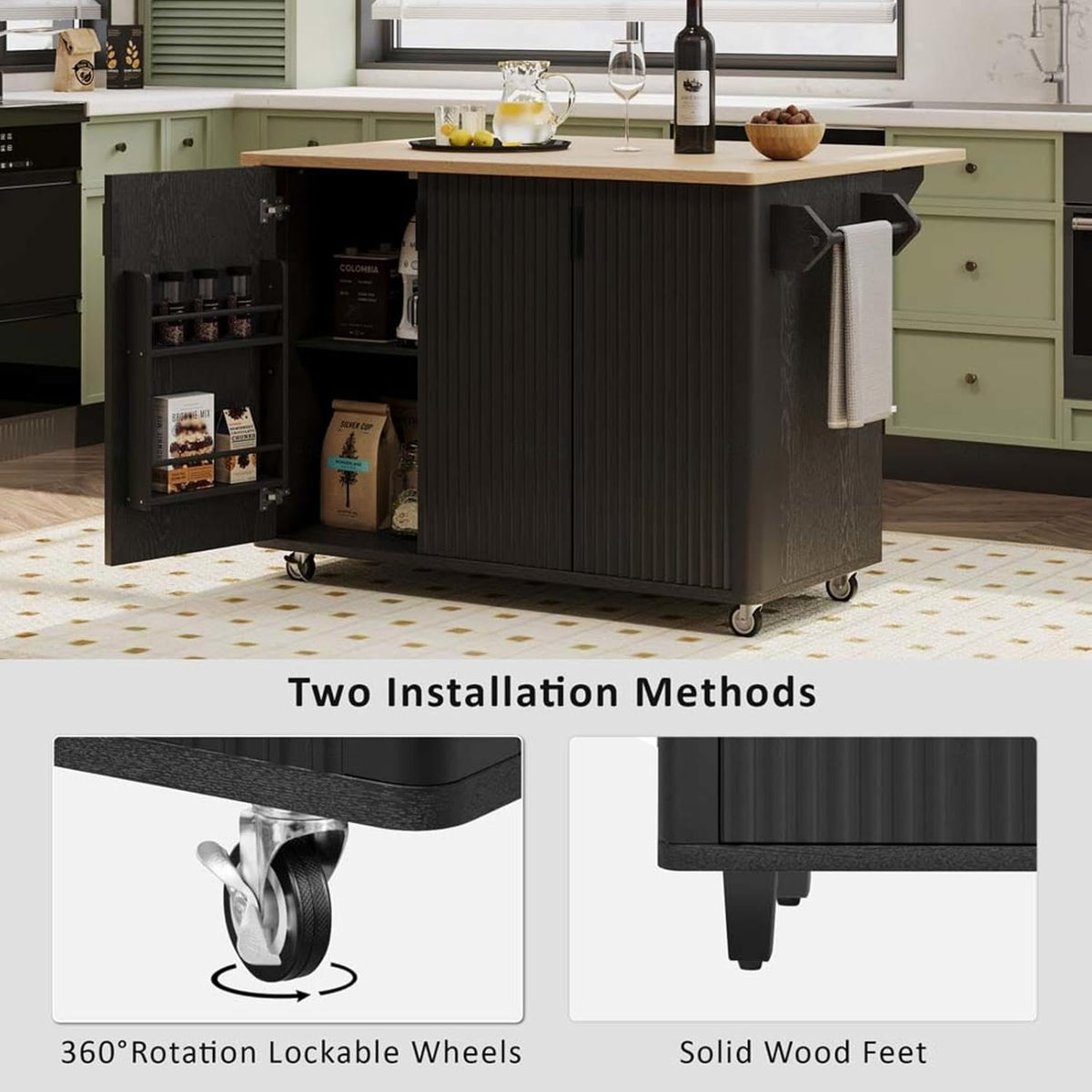 Kitchen Island with Storage with Drop Leaf with Storage and Dining Table, Kitchen Island with Drop Leaf with Wheels Towel Rack， for Kitchen, Dining Room, Black