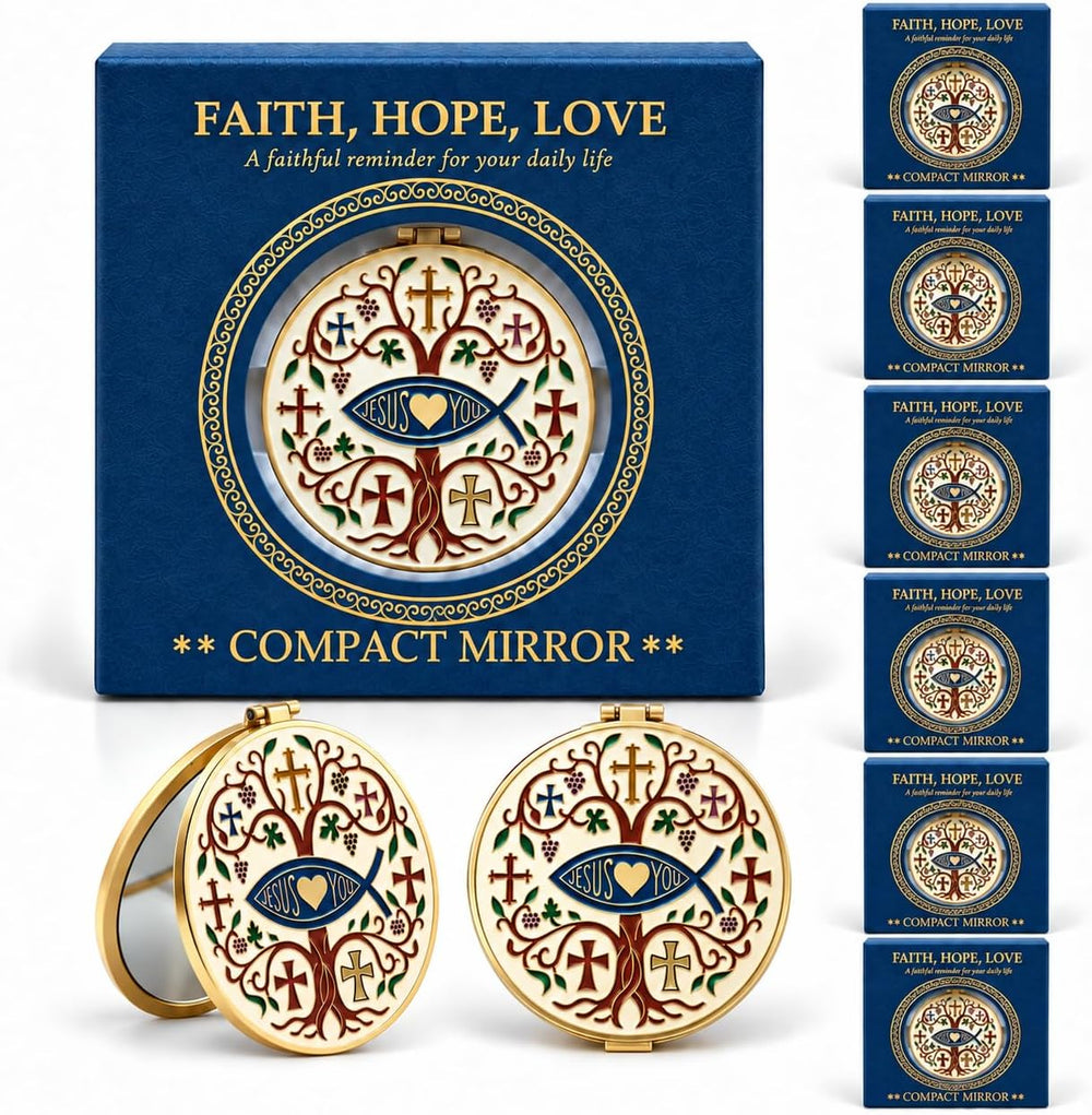 Christian Compact Mirror, 1X/2X Magnification, Gold-Tone, Gift Box & Card