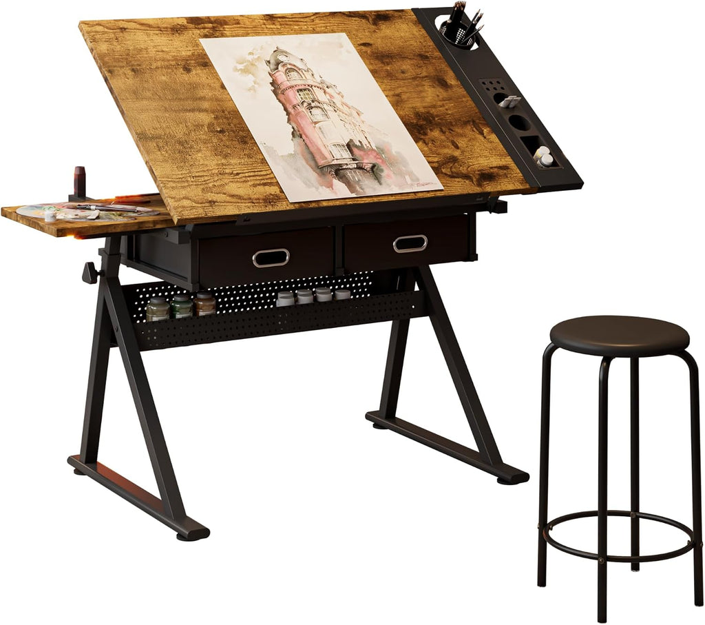 Adjustable Drawing Table with 2 Drawers & Stool, for Art & Work