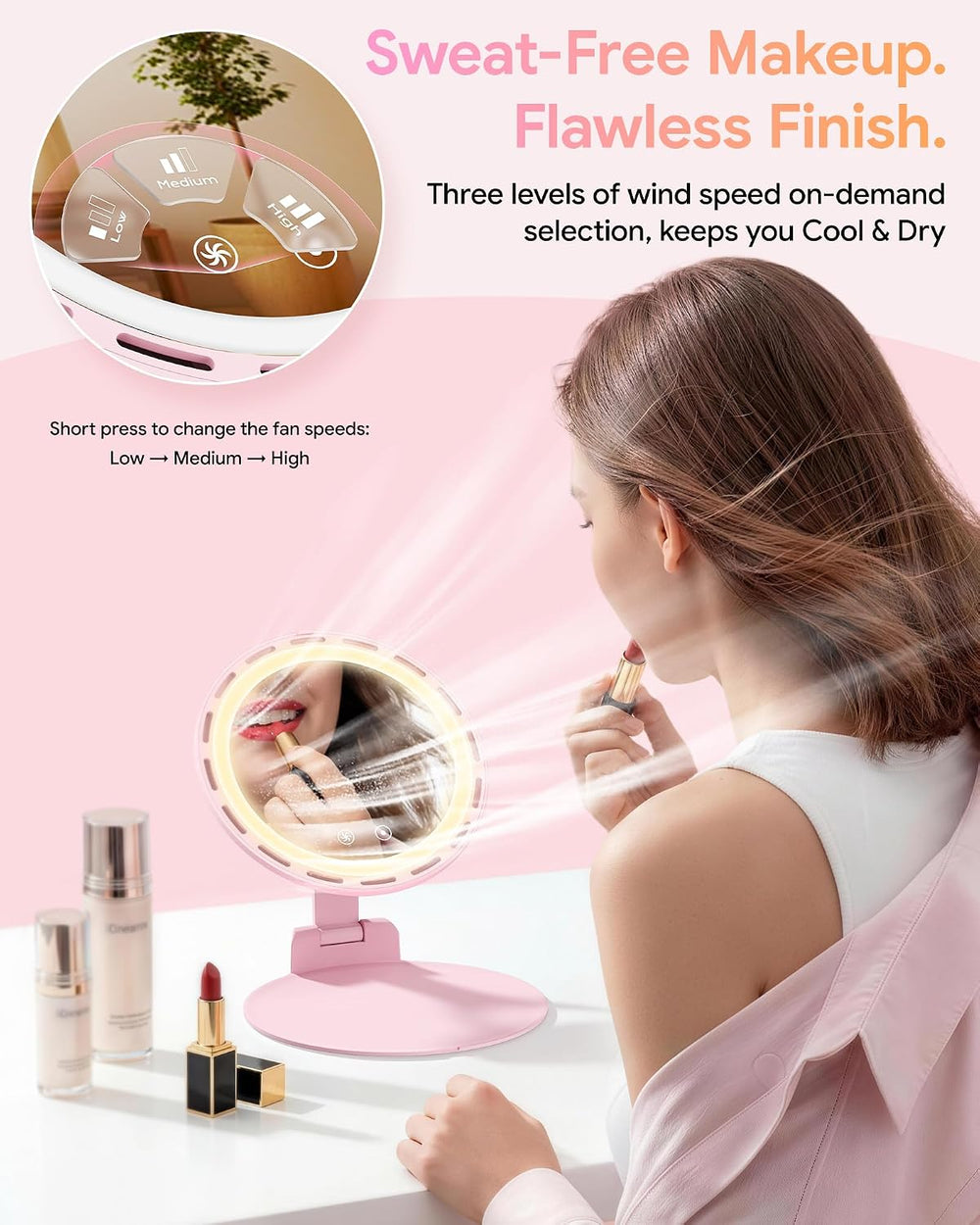 Gospire Foldable Lighted Makeup Mirror with Fan, 3-Speed & 3 Lights, Pink