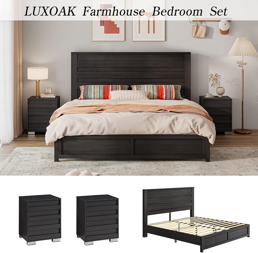 LUXOAK 3 Piece Slatted Bedroom Set Queen Bed Frame & 2 Nightstands, Black