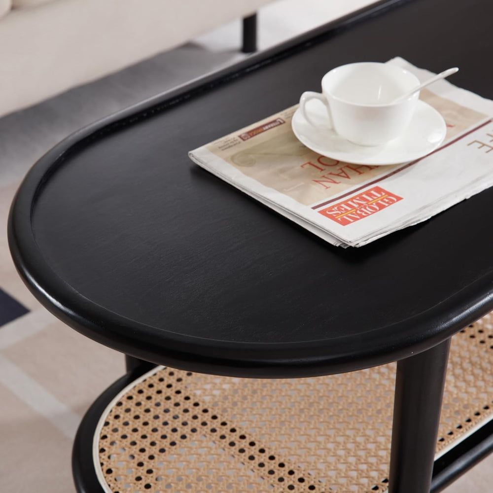Black Rattan Coffee Table, 39.5" Oval Center Table with Storage Shelf, M...