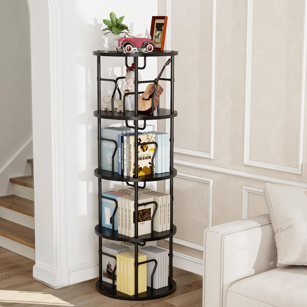 4 Tier Rotating Bookshelf Tower, 360° Display Round Bookcase, Floor Standing Corner Revolving Bookshelf Organizer Storage Rack for Small Spaces, Home Study Office, Black