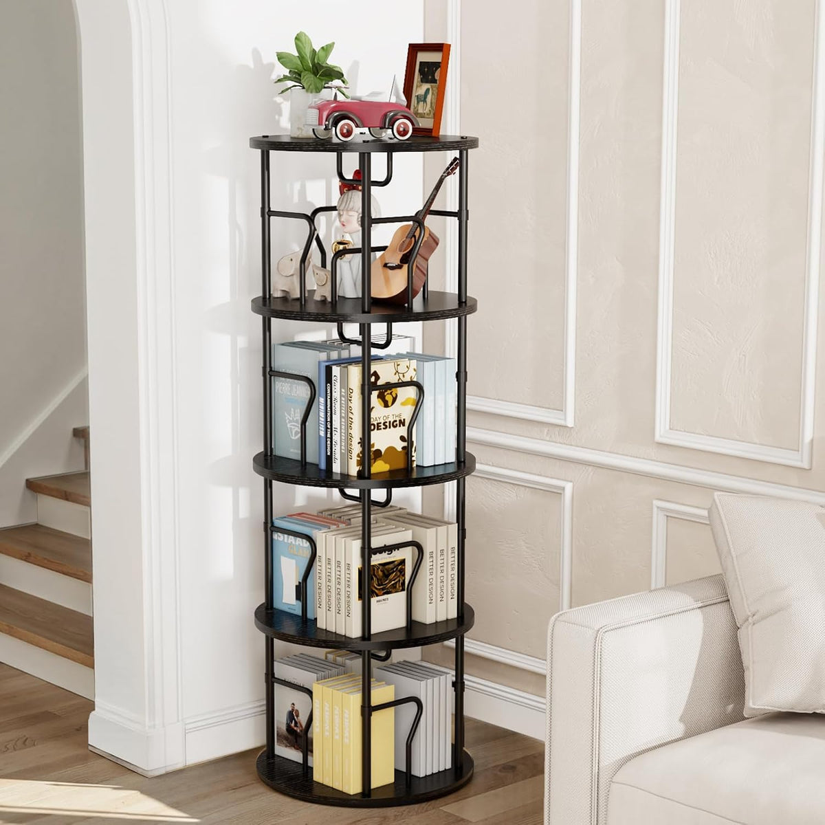 4 Tier Rotating Bookshelf Tower, 360° Display Round Bookcase, Floor Standing Corner Revolving Bookshelf Organizer Storage Rack for Small Spaces, Home Study Office, Black
