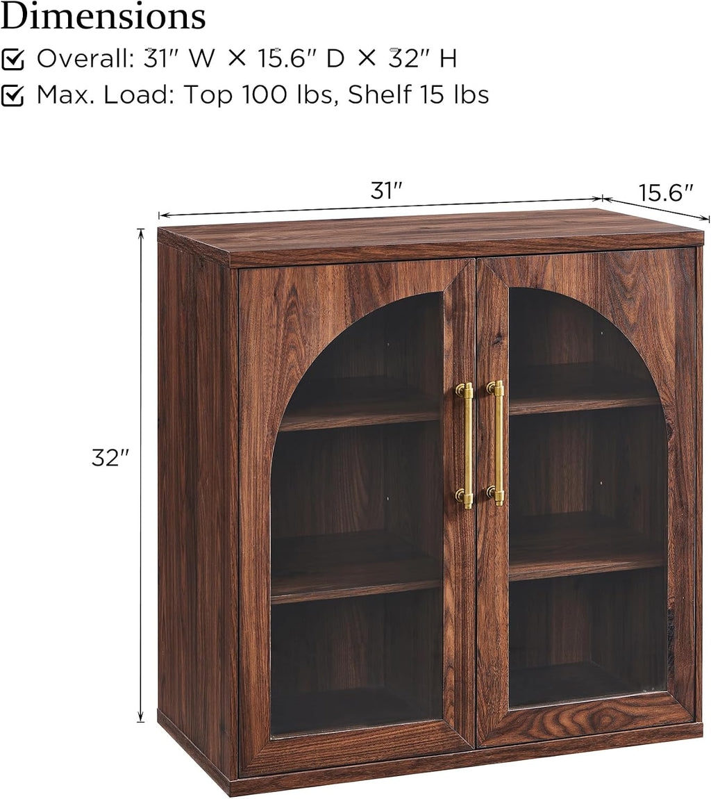 ACCOHOHO Glass Arched Door Sideboard Buffet Cabinet, Brown