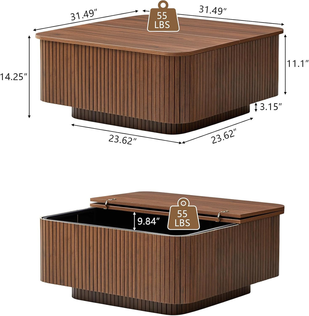 31.5" Square Coffee Table with Storage, Fluted & Floating Base (Walnut)