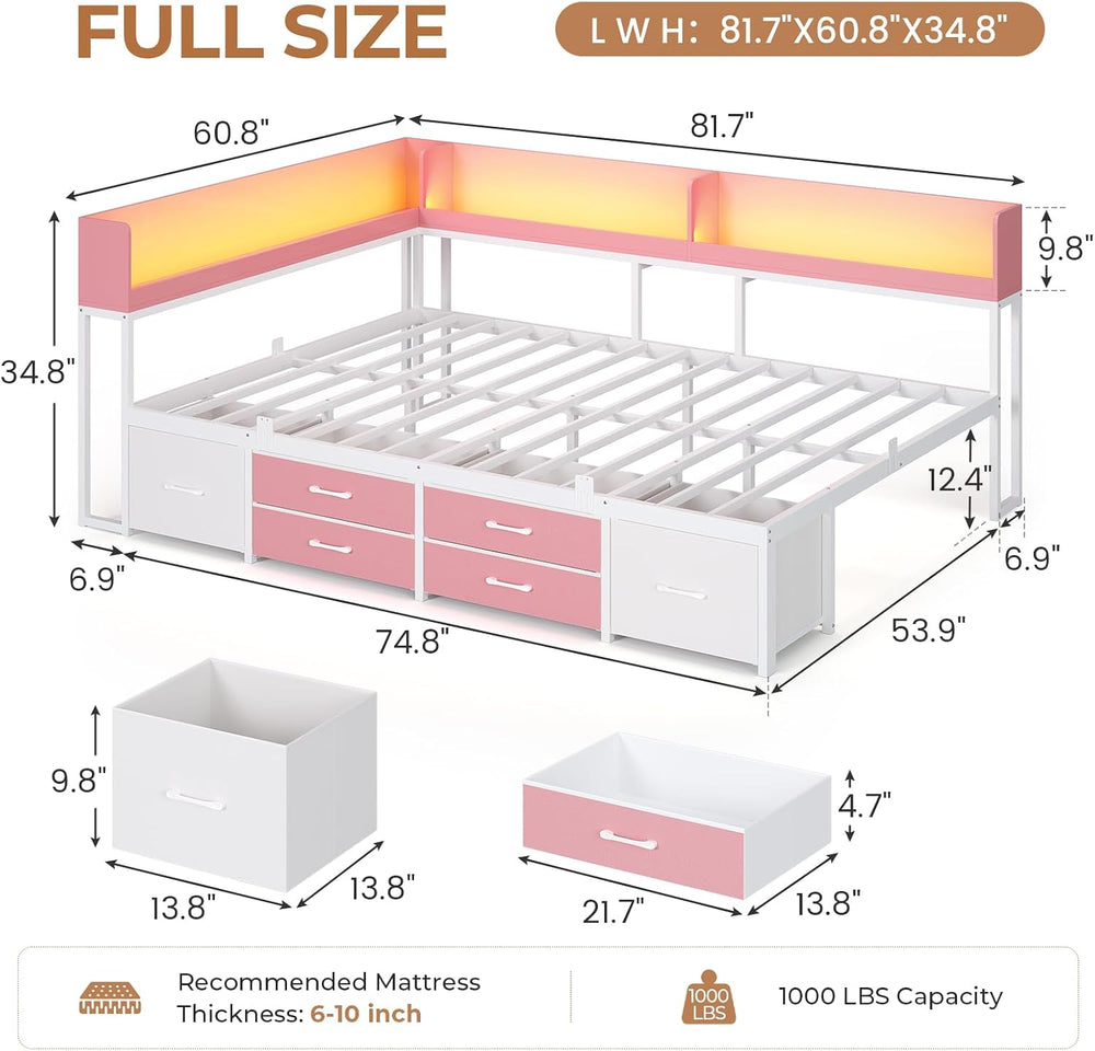 Corner Bed Frame with 6 Drawers, Full Size Day Bed with Bookcase Storage