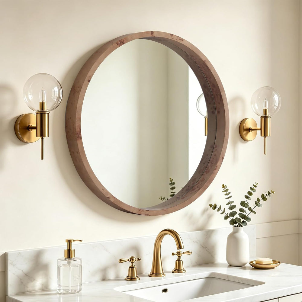 WallBeyond 24 Inch Round Wood Mirror, Burlwood Grain Wood Frame Circle Mirror...