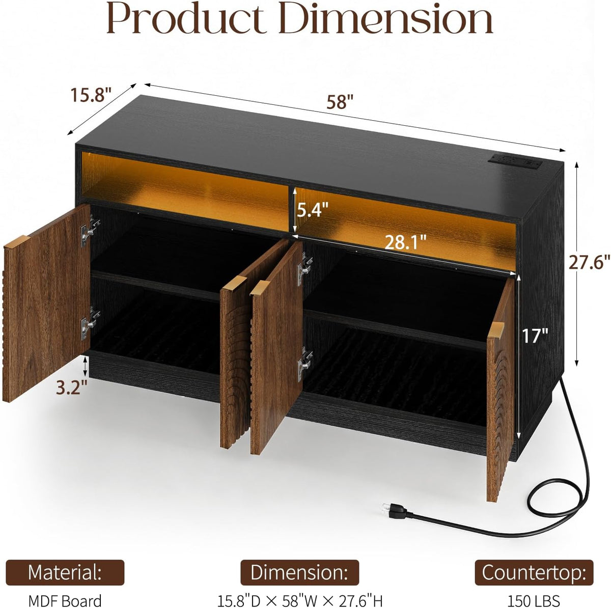 Modern Sideboard Buffet Cabinet with Storage - 58" Fluted Coffee Bar Cabinet with LED Light & Power Outlet, Adjustable Shelf, Credenza Strorage Cabinet, Accent Console for Kitchen Living Room