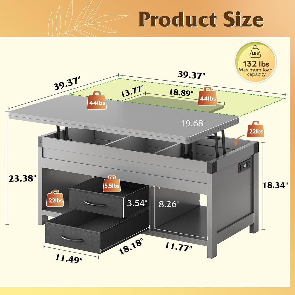 WLIVE 40" Lift Top Coffee Table with Storage, 4 in 1 Coffee Table, Grey