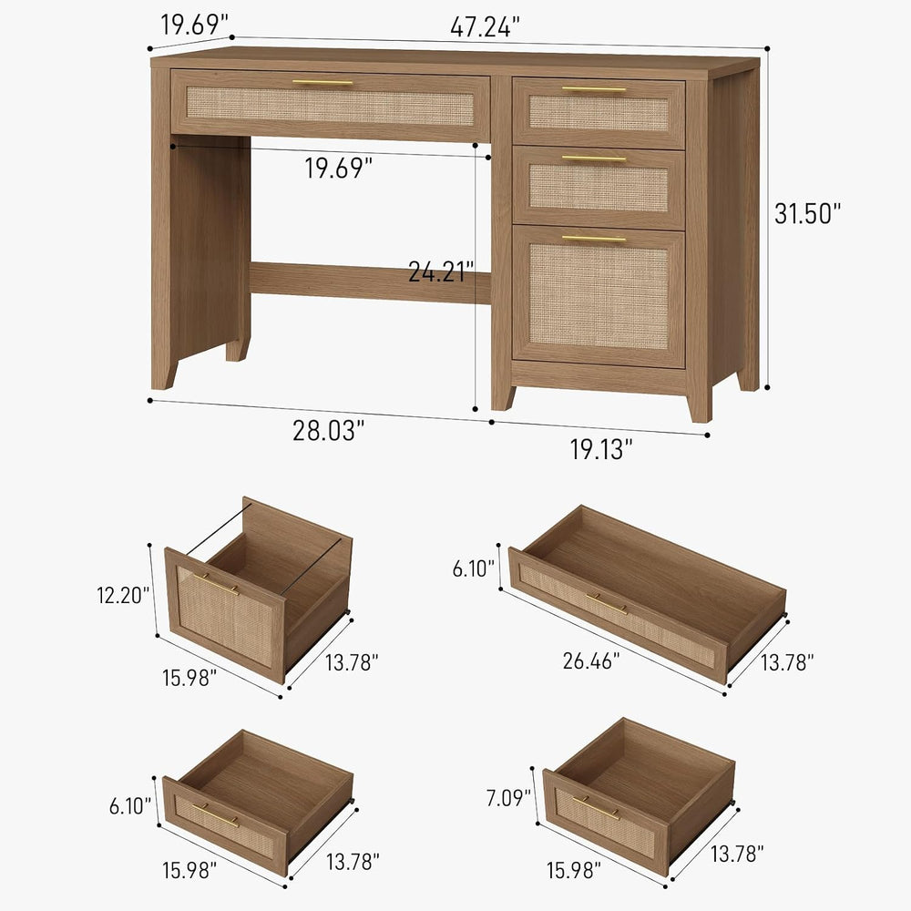 Vabches 47" Farmhouse Rattan Executive Desk with File Drawer, Brown