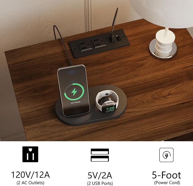 Rattan Nightstand with Charging Station,Farmhouse Bedside Table with 2 Storage Drawer and Open Wood Shelf, for Bedroom and Small Spaces,Night Stand with Solid Wood Legs (Walnut Brown-Outlet)