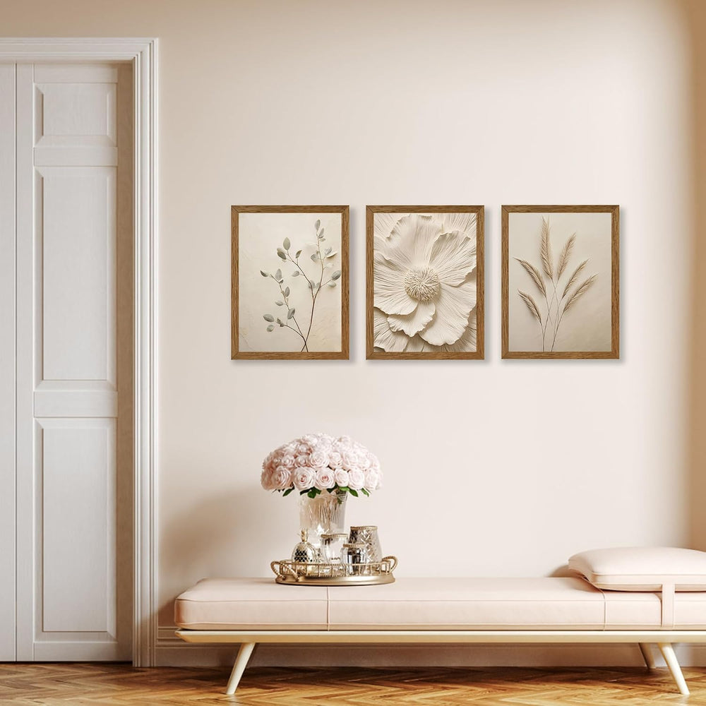 JLTULT Beige Floral Wall Art Set of 3, Solid Wood Frames, 12 x 16 in Each