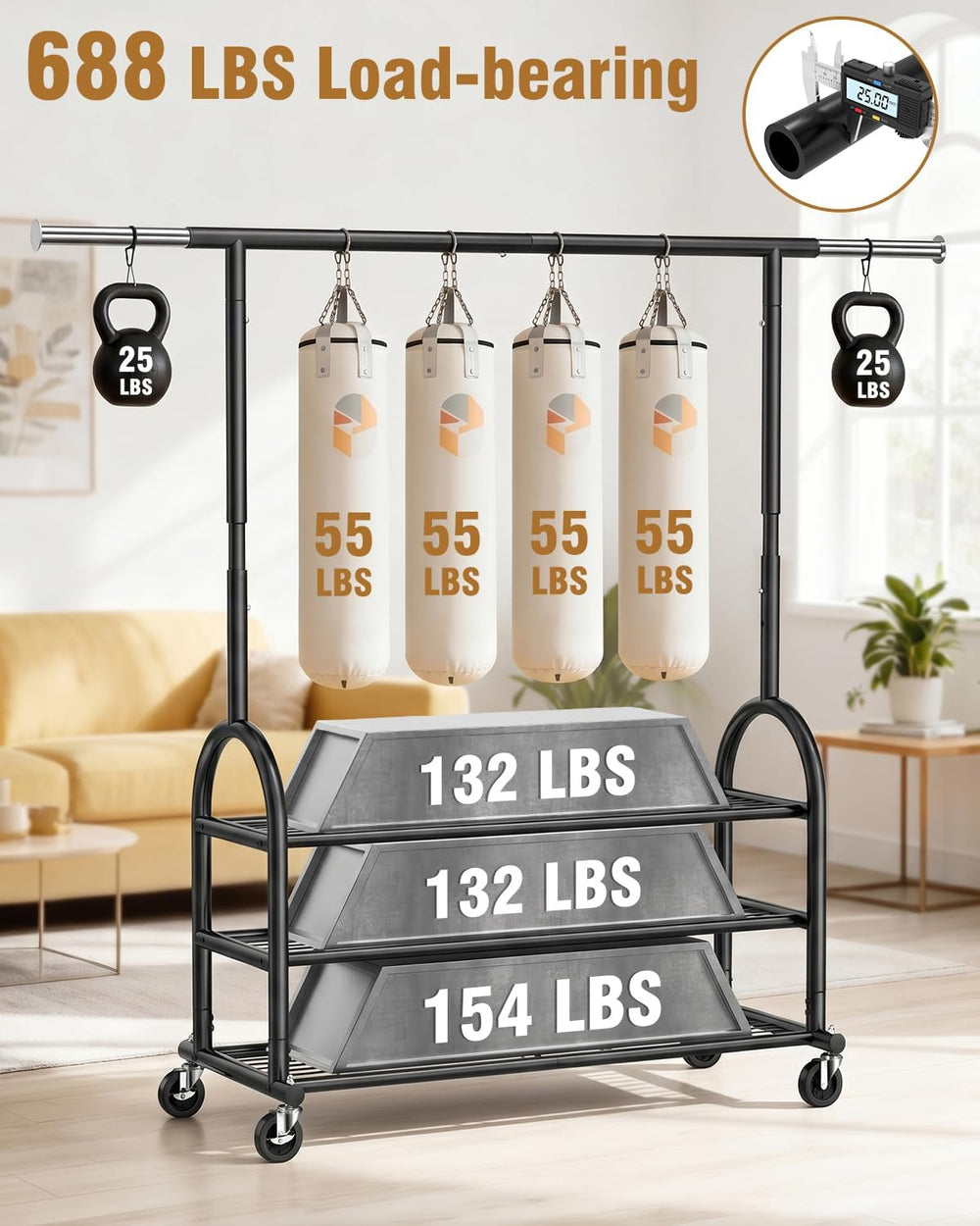 EAGMAK Rolling Clothes Rack Heavy Duty Clothing Racks with 3 Shelves, Black