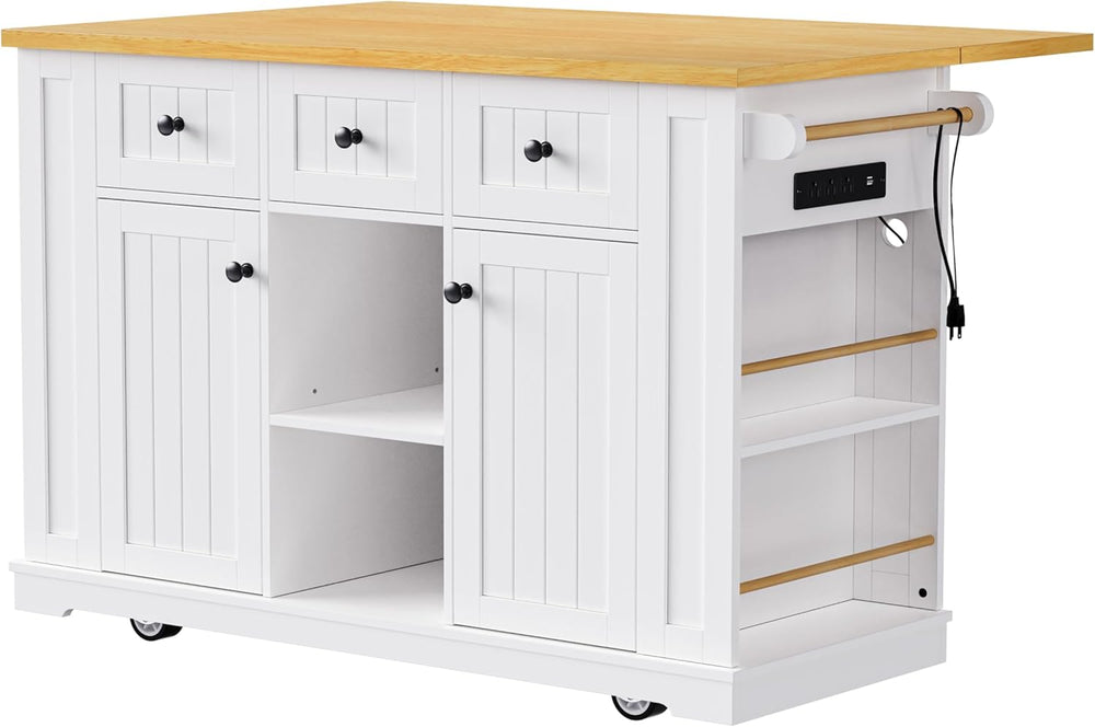 Rolling Kitchen Island with Drop Leaf & Power Outlet, Large Kitchen Islan...