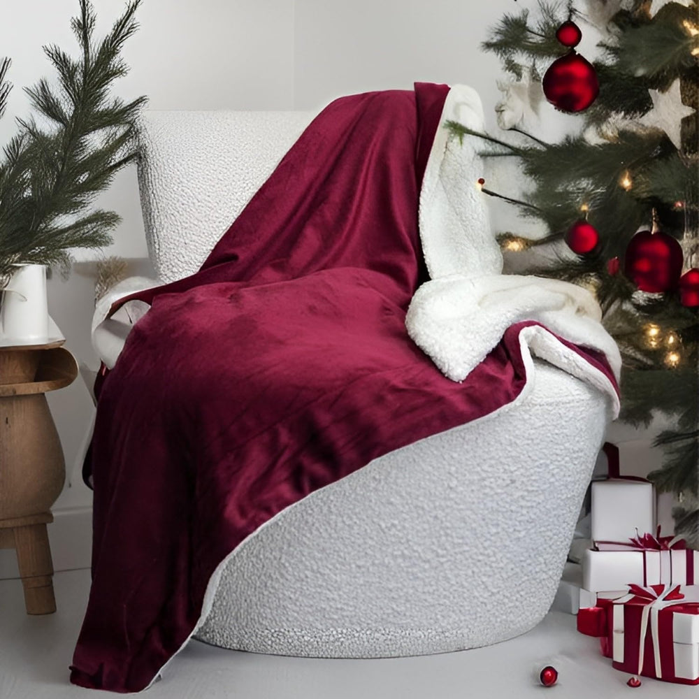 Tache Sherpa Throw Blanket Red 50x60 Inch - Solid Burgundy Wine Red and White...
