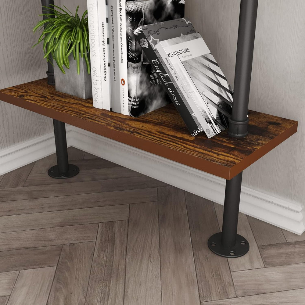 HOMEKAYT Industrial Pipe Shelf Rustic Wood Wall Shelf Ladder Bookshelf Wall M...