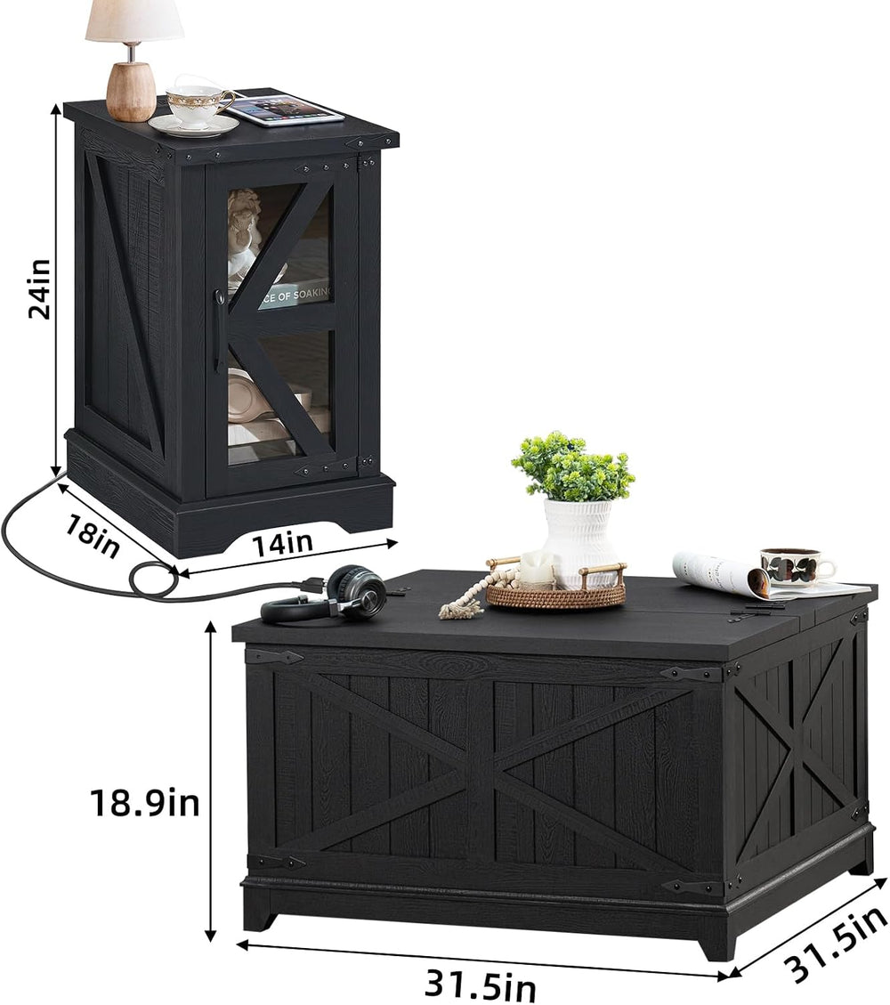 Joaxswe Coffee Table Sets 3, Farmhouse Side Table with Charging Station and G...