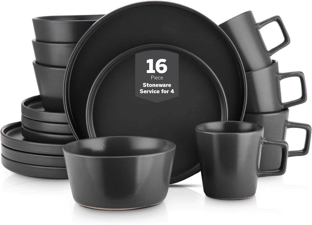 Stone Lain Celina Stoneware 16 Piece Dinnerware Set, Plates and Bowls, Black ...