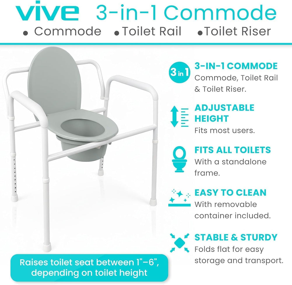 Vive Bedside Commode Toilet Chair (Folding) - 350 lb Capacity, Safety Rail, S...