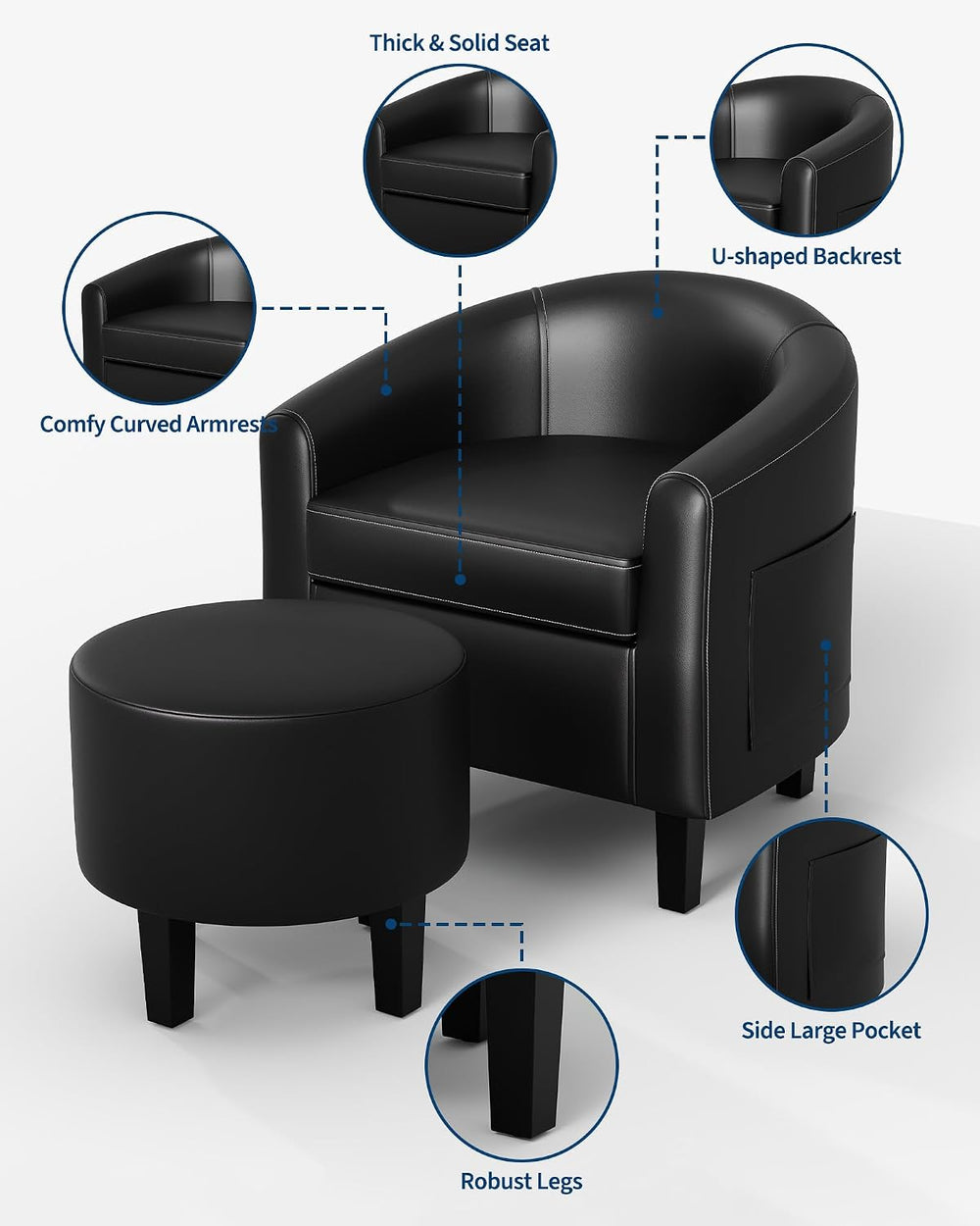GarveeHome Chair and Ottoman Set, PU Leather Barrel Chair, Small Chair for Be...
