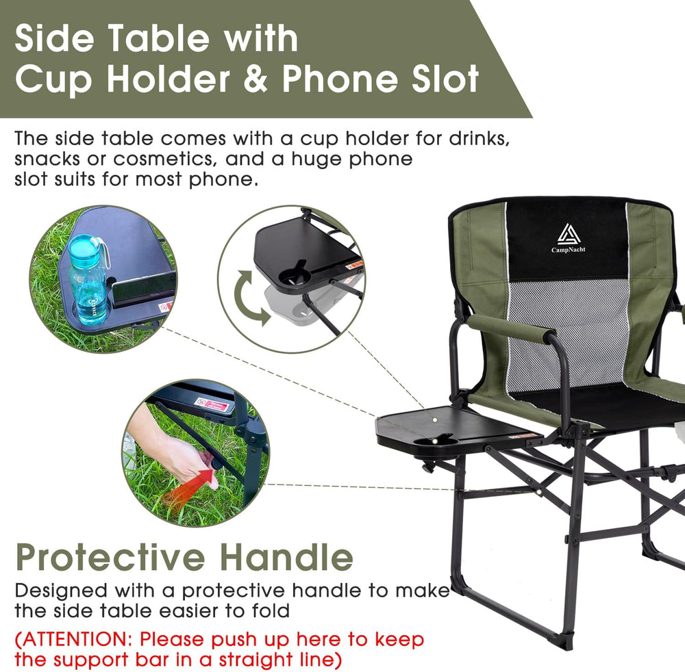 Folding Director Chair with Table, Camping Chair for Adults, Green-1Pack