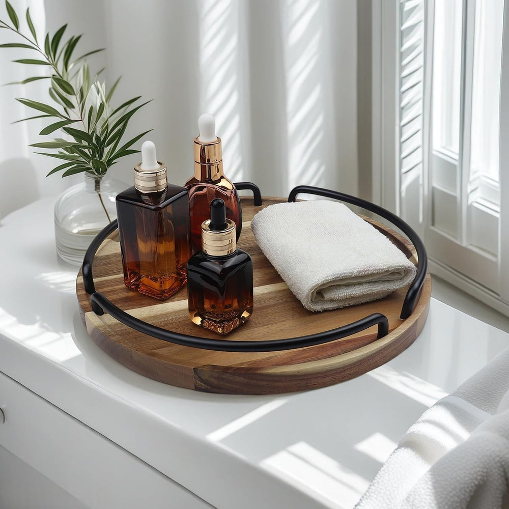 Round Wooden Serving Tray - Rustic Style Decorative Tray for Coffee Table, Li...