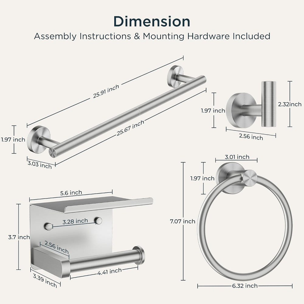 FORIOUS Bathroom Accessories, 5-Piece Bathroom Hardware Set - 24" Towel Bar
