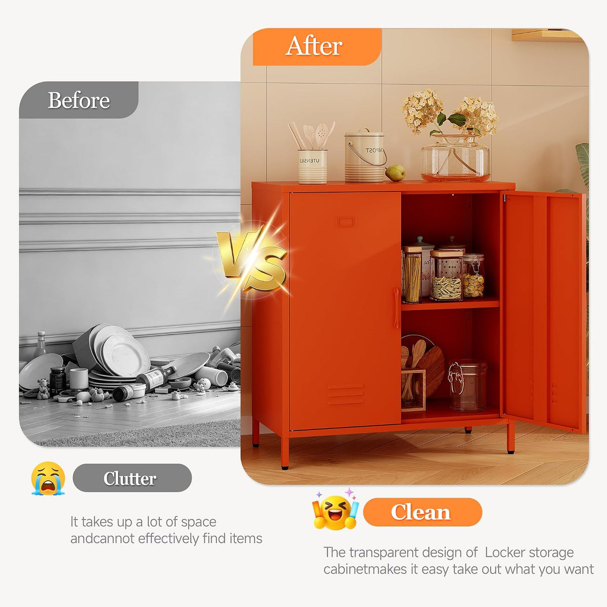 Metal Storage Cabinet with Adjustable Shelves & Magnetic Doorstops, 2-Door Metal Side Cabinet, Storage Cabinets for Living Room Kitchen Office,Orange