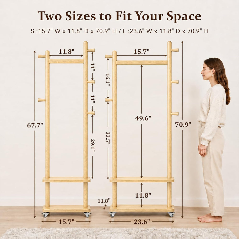 Taitiy Coat Rack Freestanding Solid Wood Clothes Rack with Wheels