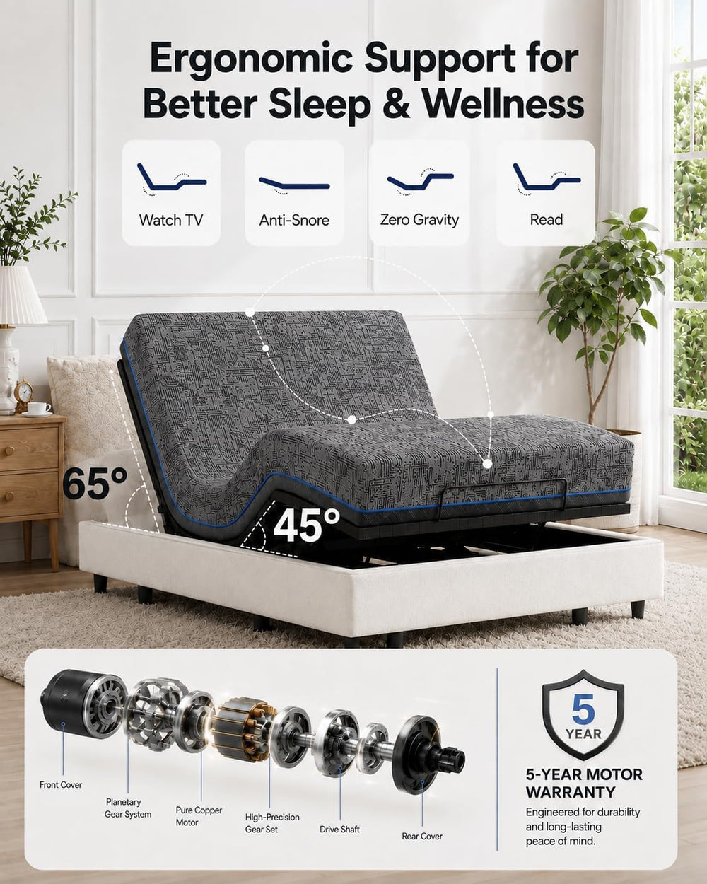Marsail Adjustable Bed Frame Queen Electric Base, Head & Foot Incline