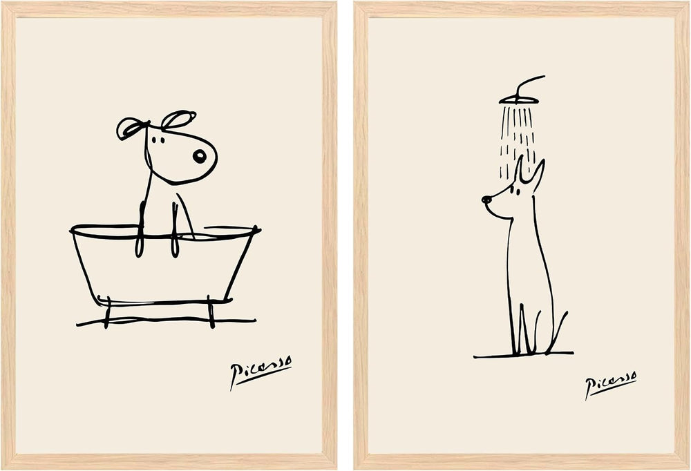 Framed Funny Dog Bathroom Wall Art Black and White Line Art Poster Print, Abs...