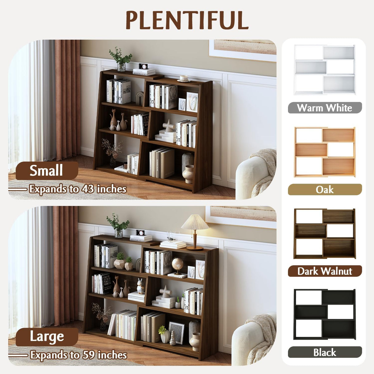 iotxy wooden extendable shelf bookcase, 3-tier low bookshelf showing dimensions