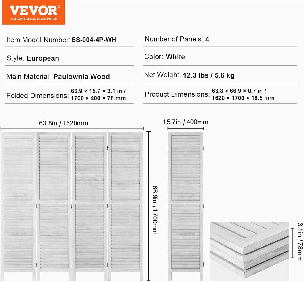 VEVOR Wood Room Divider, 4 Panel Folding Privacy Screen, 66.9 Inches Tall Indoor Wooden Partition, Portable Decoration Screen, for Room Separation, Home, Office, Restaurant & Bedroom (Light Grey)